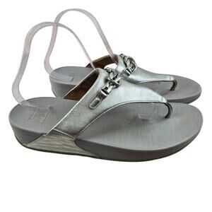 Fitflop‎ Lulu Sandals Womens 11 Metallic Silver Leather Thong Toe Post Chain